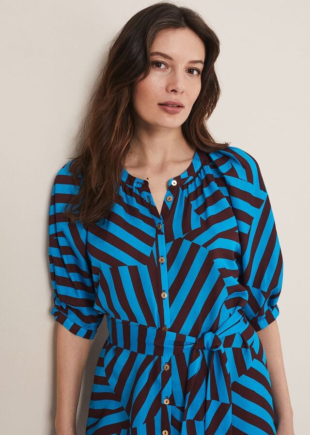 Blue / Chocolate Phase Eight Rosella Striped Dress | 2986BEIRQ