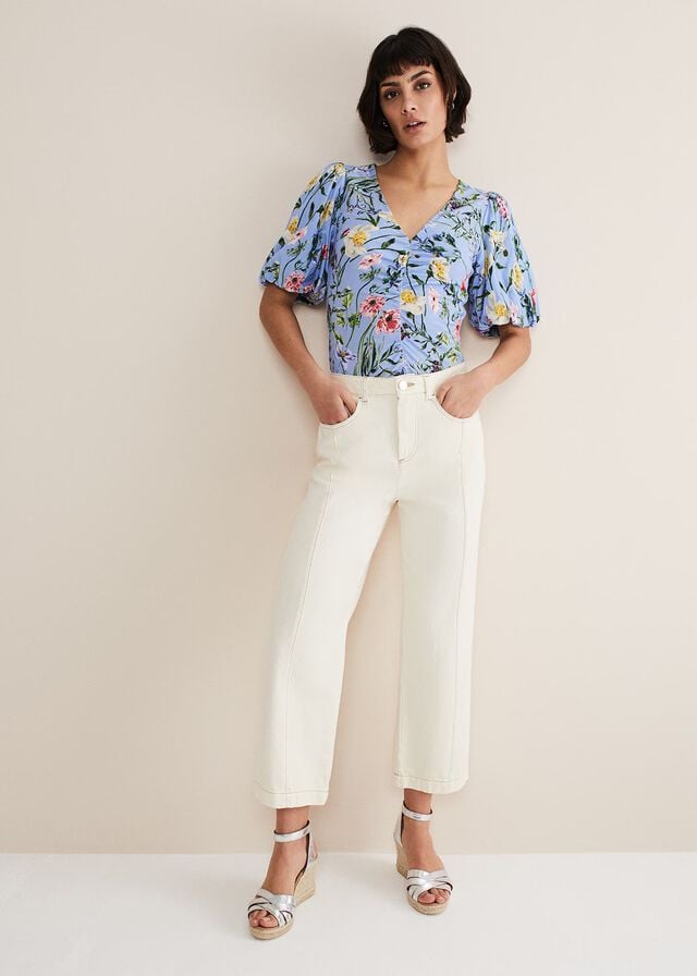 Blue / Multicolor Phase Eight Donda Floral Ruched Shirts | 9127MUJQV