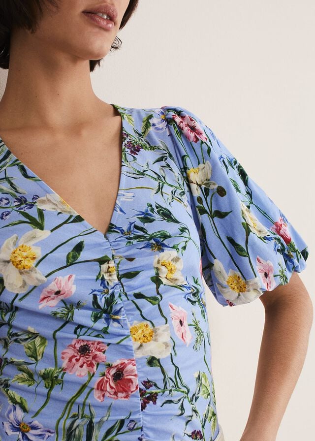 Blue / Multicolor Phase Eight Donda Floral Ruched Shirts | 9127MUJQV