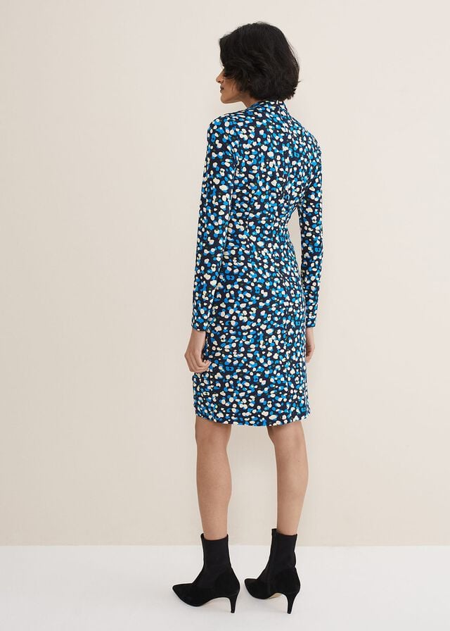 Blue / Multicolor Phase Eight Juno Ruched V Neck Dotty Bodycon Dress | 7186CJGAD