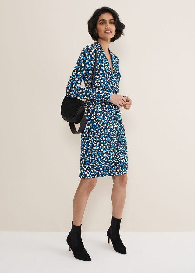 Blue / Multicolor Phase Eight Juno Ruched V Neck Dotty Bodycon Dress | 7186CJGAD