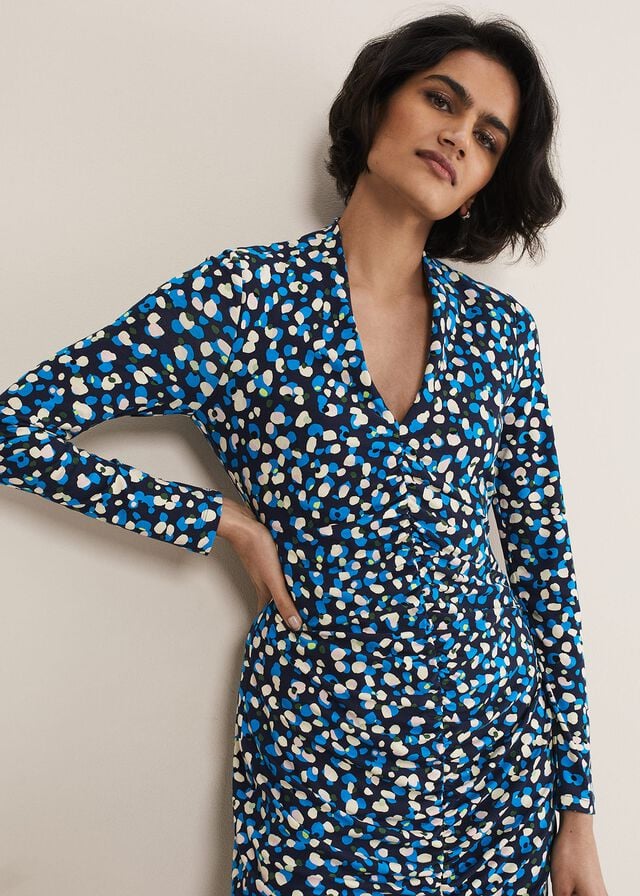 Blue / Multicolor Phase Eight Juno Ruched V Neck Dotty Bodycon Dress | 7186CJGAD