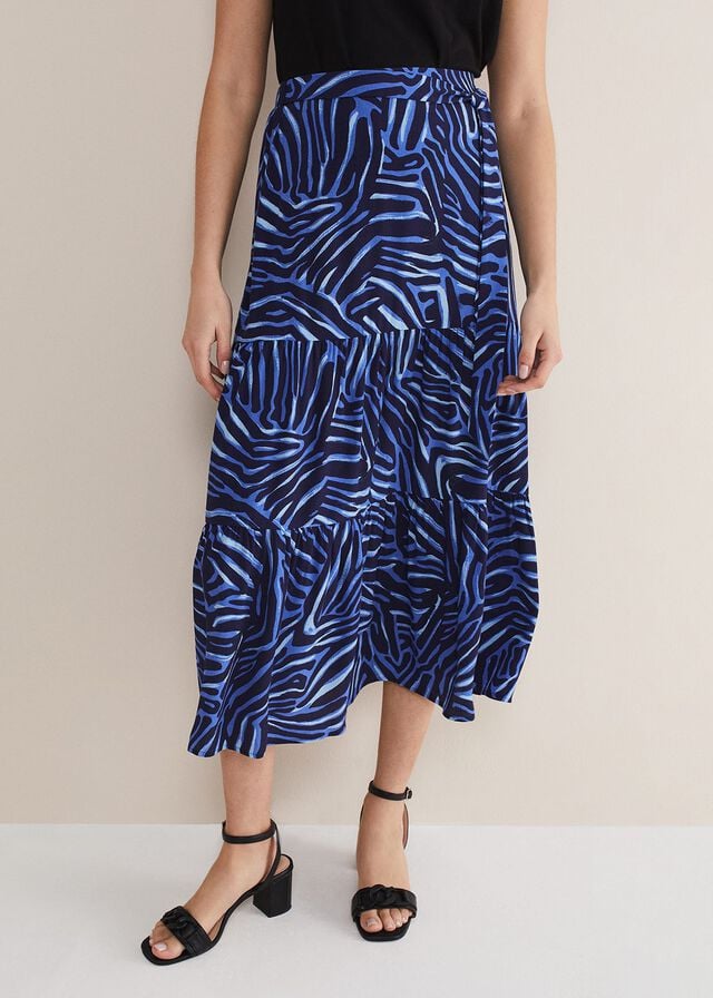 Blue / Multicolor Phase Eight Tana Zebra Print Tiered Skirts | 7149KTFJR