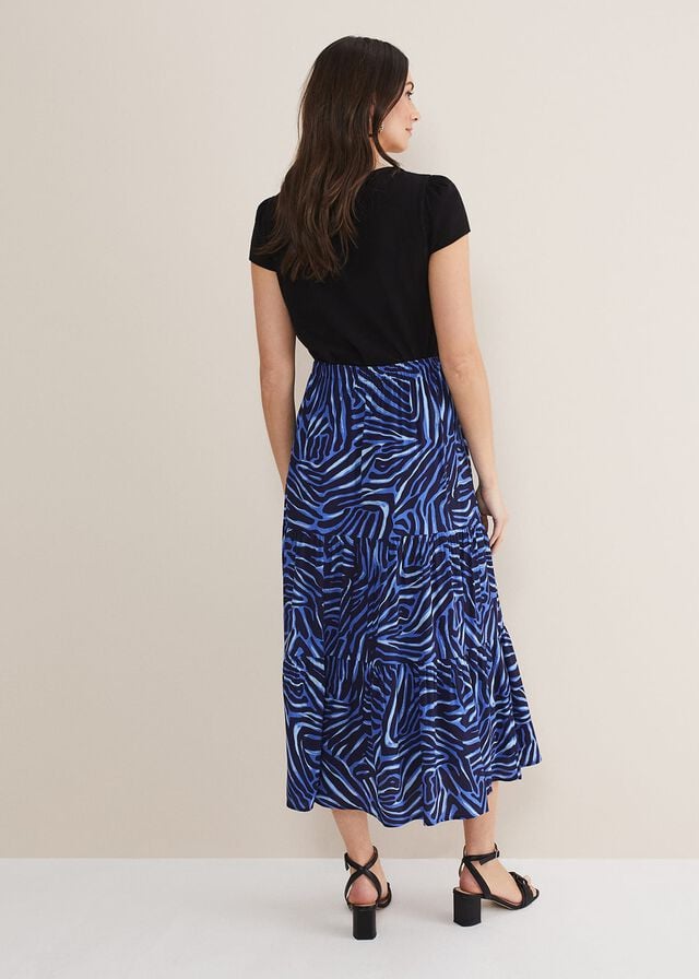 Blue / Multicolor Phase Eight Tana Zebra Print Tiered Skirts | 7149KTFJR