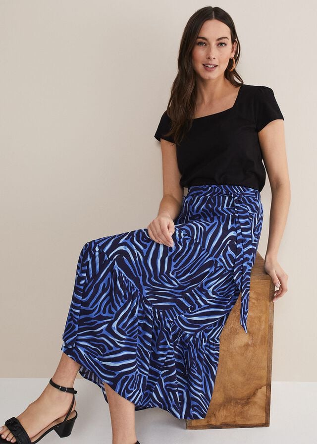 Blue / Multicolor Phase Eight Tana Zebra Print Tiered Skirts | 7149KTFJR