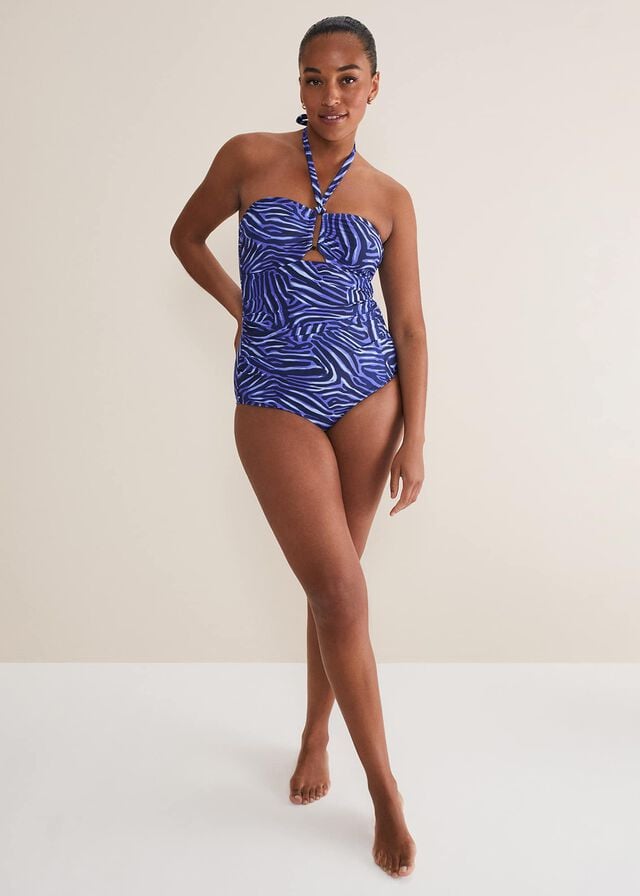 Blue / Multicolor Phase Eight Zebra Print Halterneck Swimwear | 1247IZCYA