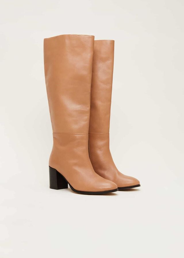 Brown Phase Eight Leather Knee High Flats | 2571GXTFN