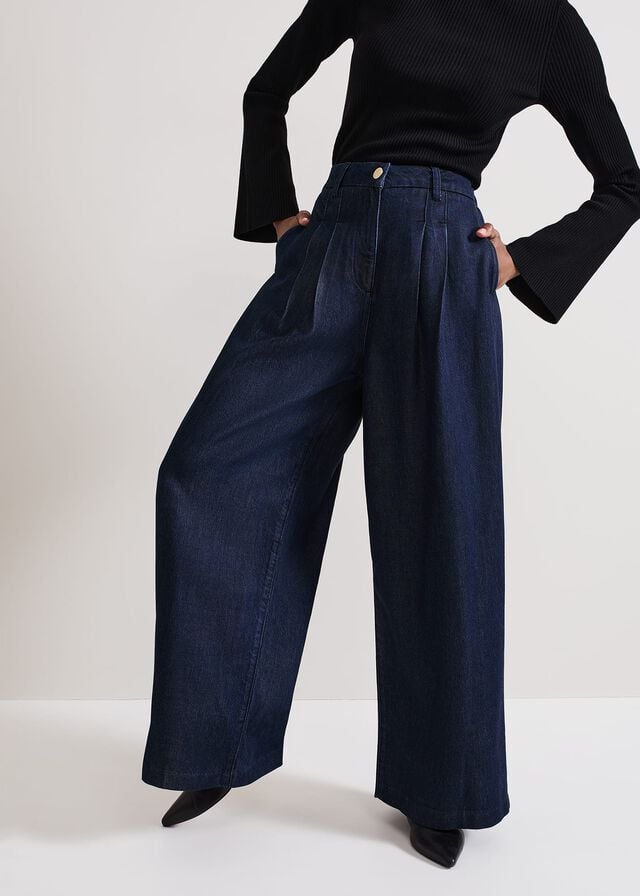 Dark Wash Phase Eight Cerys Denim Wide Leg Jeans | 1260TVDHF