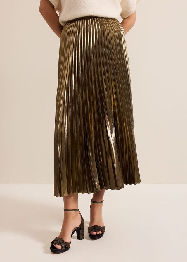 Gold Phase Eight Dhalia Gold Foil Pleated Skirts | 5104KDJYH
