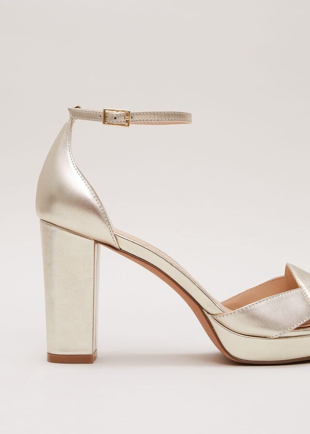 Gold Phase Eight Leather Crossover Platform Heels | 8176TDFCO