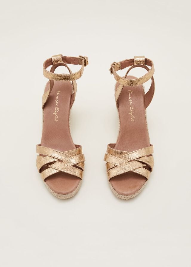Gold Phase Eight Leather Strappy Espadrille Flats | 6349KBIDW