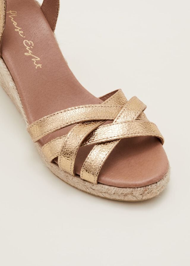 Gold Phase Eight Leather Strappy Espadrille Flats | 6349KBIDW