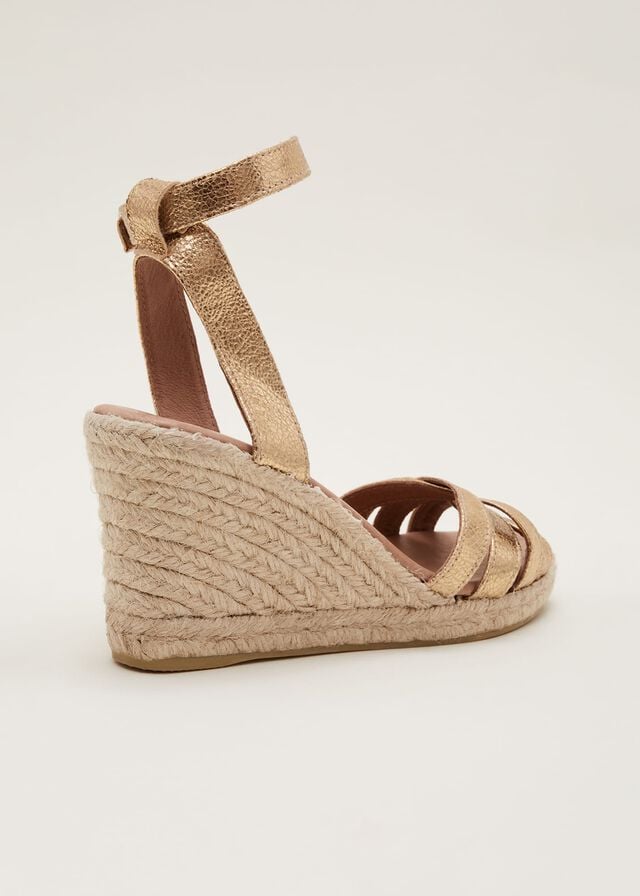 Gold Phase Eight Leather Strappy Espadrille Flats | 6349KBIDW