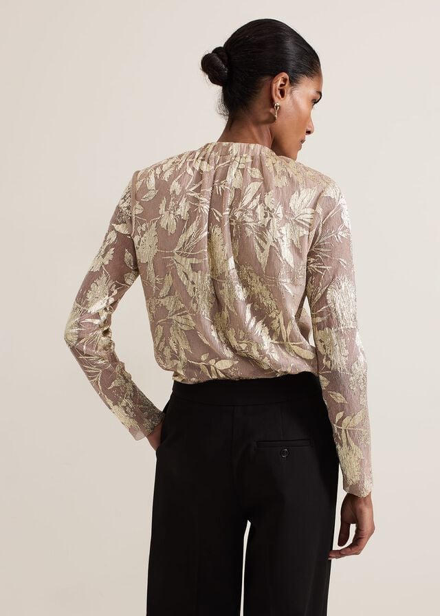 Gold Phase Eight Pippa Floral Printed Plisse T Shirts | 3905COGAP