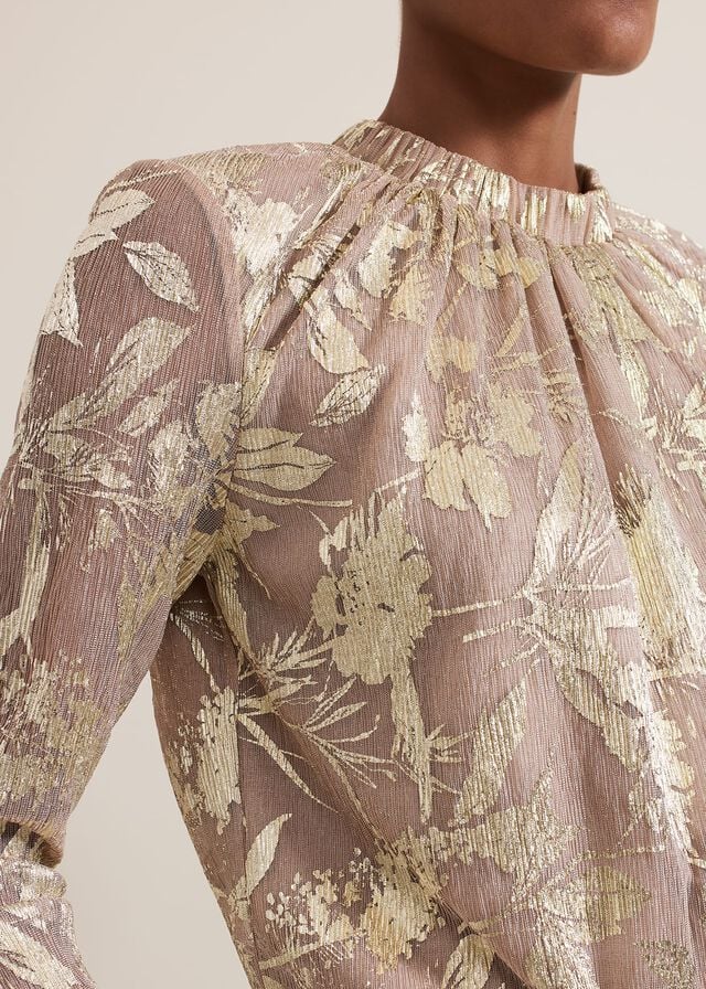 Gold Phase Eight Pippa Floral Printed Plisse T Shirts | 3905COGAP
