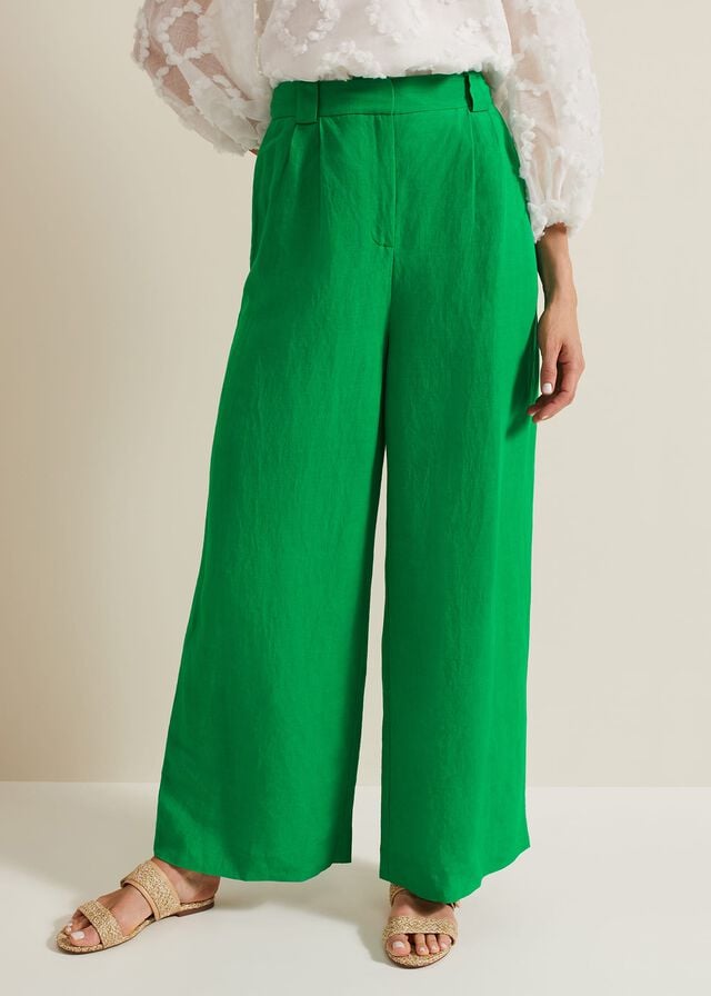 Green Phase Eight Lottie Linen Wide Legs Trousers | 5706CYEOS