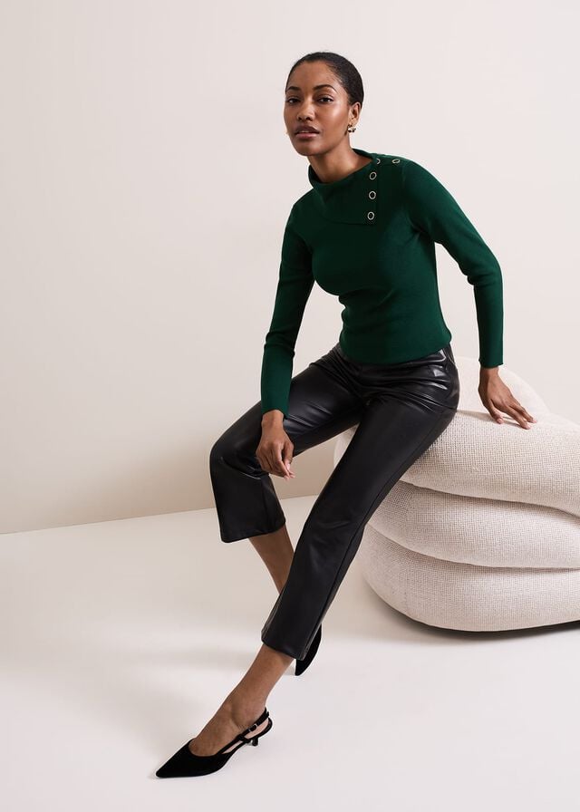 Green Phase Eight Regina Popper Collar Ribbed Knitwear | 5081ZRAXD