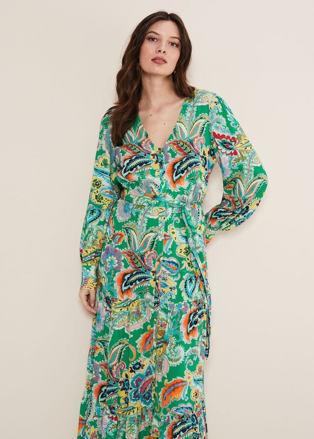 Green / Multicolor Phase Eight Azalia Paisley Dress | 7164OBKXA
