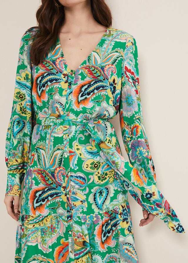 Green / Multicolor Phase Eight Azalia Paisley Dress | 7164OBKXA