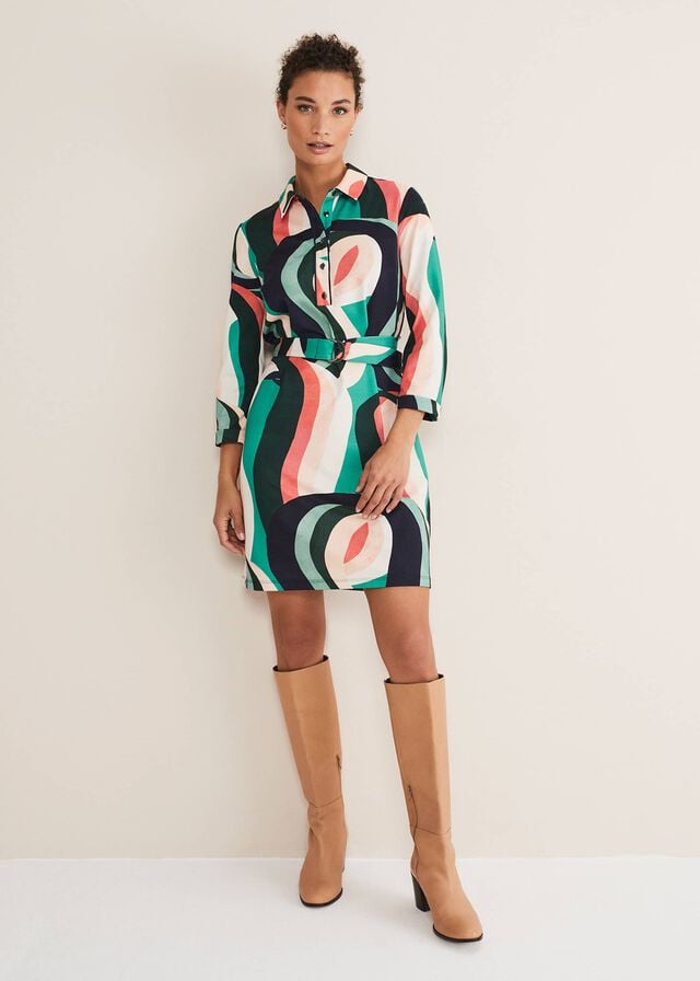 Green / Multicolor Phase Eight Beth Swirl Belted Shift Dress | 8734JQOSH