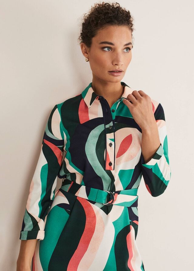 Green / Multicolor Phase Eight Beth Swirl Belted Shift Dress | 8734JQOSH