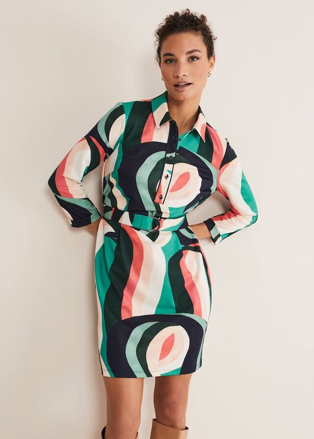 Green / Multicolor Phase Eight Beth Swirl Belted Shift Dress | 8734JQOSH