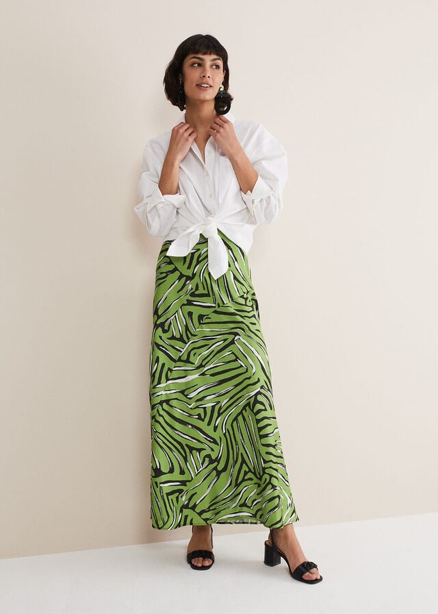 Green / Multicolor Phase Eight Norabel Zebra Print Satin Skirts | 0431JGIEV