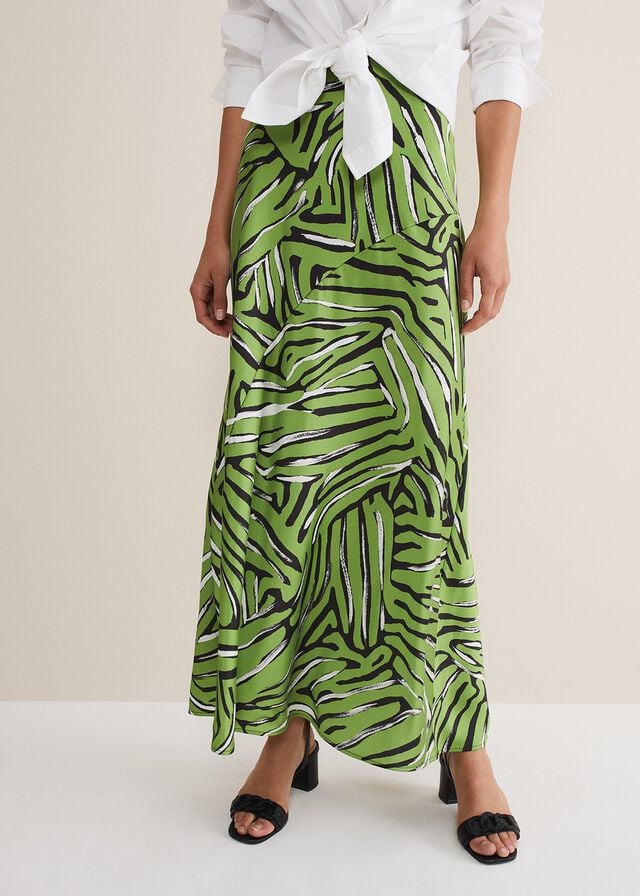 Green / Multicolor Phase Eight Norabel Zebra Print Satin Skirts | 0431JGIEV