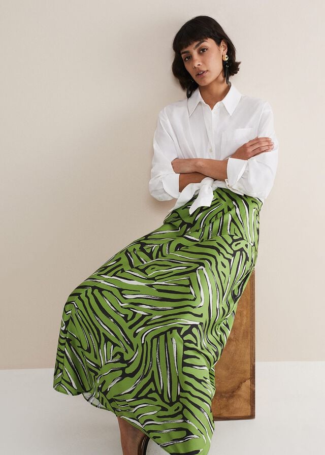 Green / Multicolor Phase Eight Norabel Zebra Print Satin Skirts | 0431JGIEV