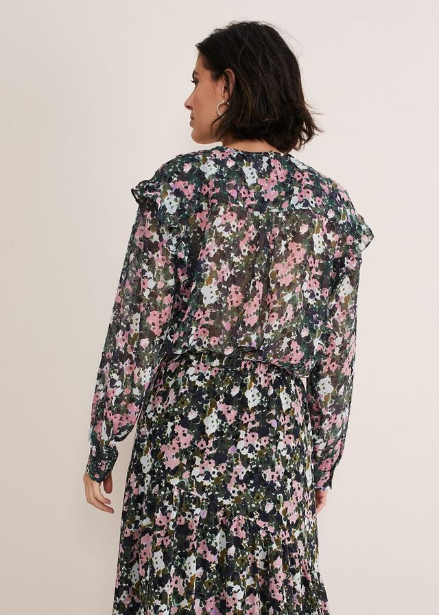 Green / Multicolor Phase Eight Zowena Floral Chiffon Shirts | 2157JDSHN