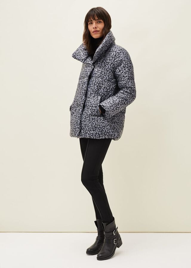 Grey / Multicolor Phase Eight Anny Animal Print Puffer Coats | 6078ZQVID