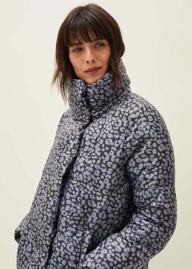 Grey / Multicolor Phase Eight Anny Animal Print Puffer Coats | 6078ZQVID