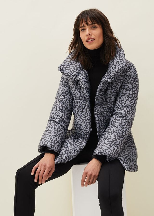 Grey / Multicolor Phase Eight Anny Animal Print Puffer Coats | 6078ZQVID