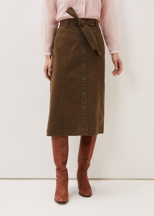 Khaki Phase Eight Dina Denim Belted Skirts | 1548ENZQC
