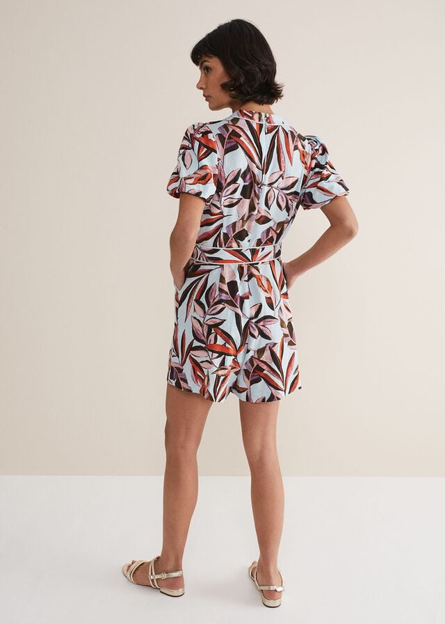 Light Turquoise / Multicolor Phase Eight Vivian Linen Leaf Print Playsuit Jumpsuit | 7421EAVBY