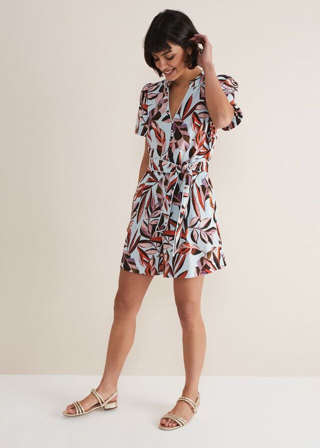 Light Turquoise / Multicolor Phase Eight Vivian Linen Leaf Print Playsuit Jumpsuit | 7421EAVBY