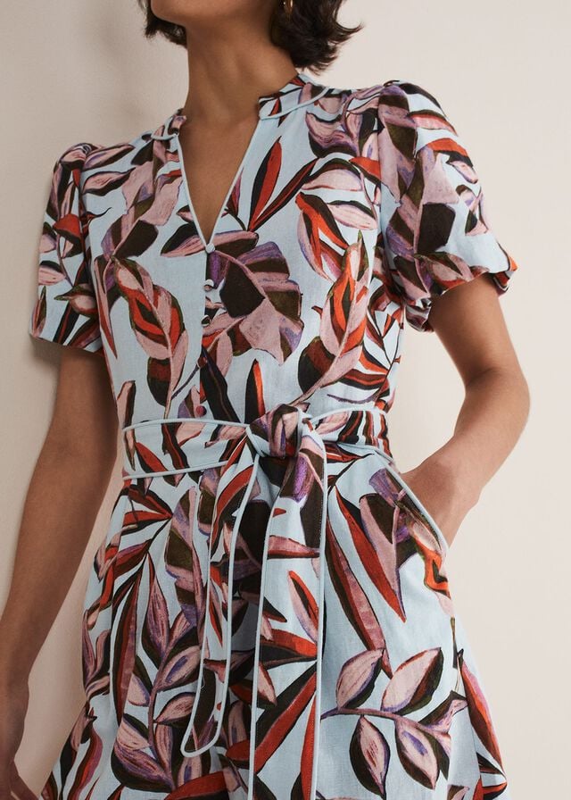 Light Turquoise / Multicolor Phase Eight Vivian Linen Leaf Print Playsuit Jumpsuit | 7421EAVBY