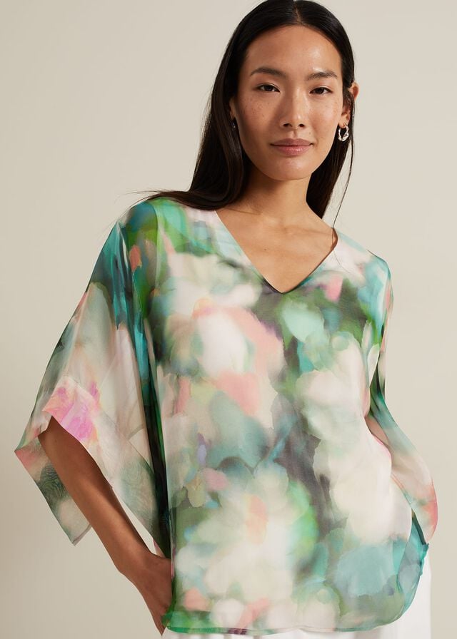 Multicolor Phase Eight Ava Blurred Floral Silk Shirts | 5128HZYIF