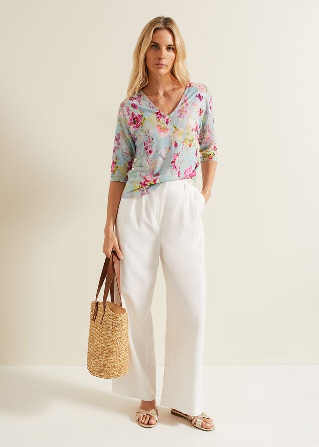 Multicolor Phase Eight Flossie Floral Linen T Shirts | 5802NQVUH