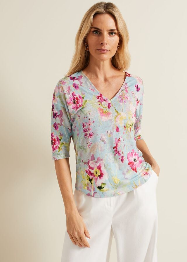 Multicolor Phase Eight Flossie Floral Linen T Shirts | 5802NQVUH