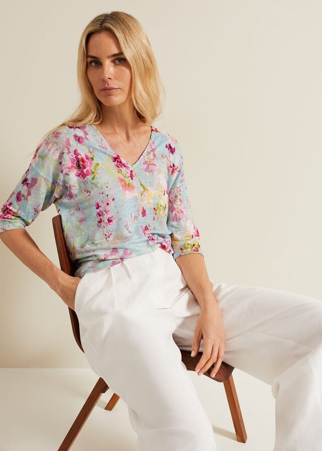 Multicolor Phase Eight Flossie Floral Linen T Shirts | 5802NQVUH