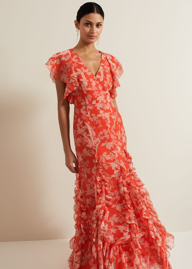 Multicolor Phase Eight Gaby Floral Print Ruffle Dress | 9248TYFIA
