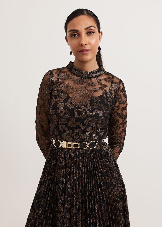 Multicolor Phase Eight Petite Theodora Leopard Pleat Dress | 3879CPNGK