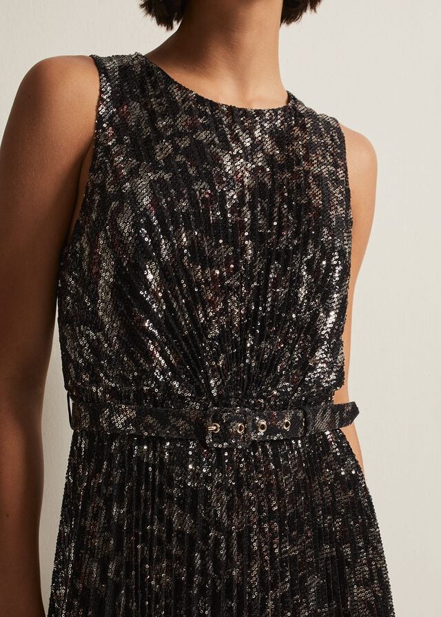 Multicolor Phase Eight Simara Leopard Sequin Pleated Dress | 5167LTCRG
