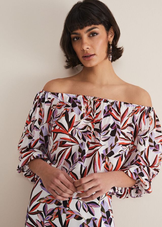 Multicolor Phase Eight Tona Leaf Print Bardot Shirts | 3746BLNCZ