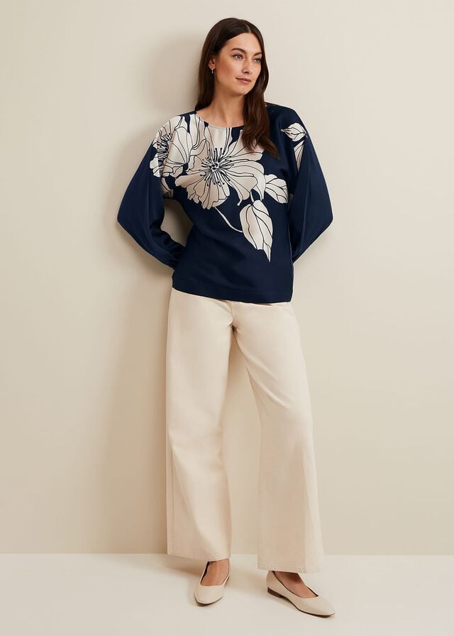 Navy Phase Eight Alora Floral Woven Front T Shirts | 8502MNADZ