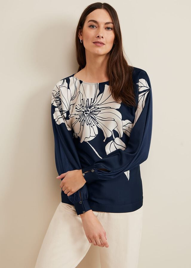 Navy Phase Eight Alora Floral Woven Front T Shirts | 8502MNADZ