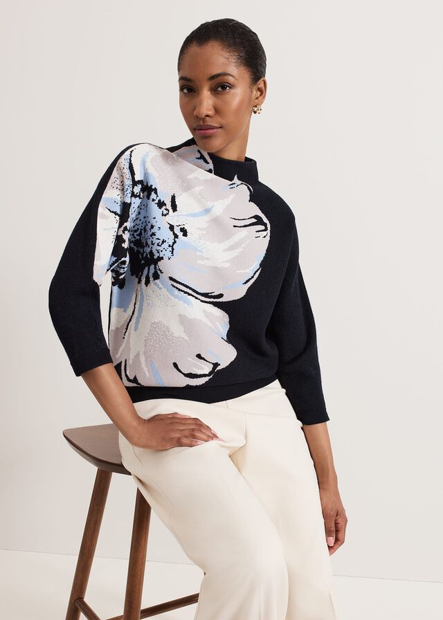 Navy Phase Eight Bessie Blue Floral Placement Knitwear | 5097OPWJE