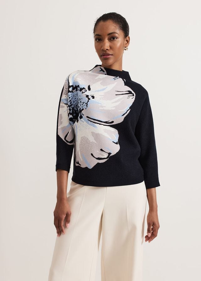 Navy Phase Eight Bessie Blue Floral Placement Knitwear | 5097OPWJE