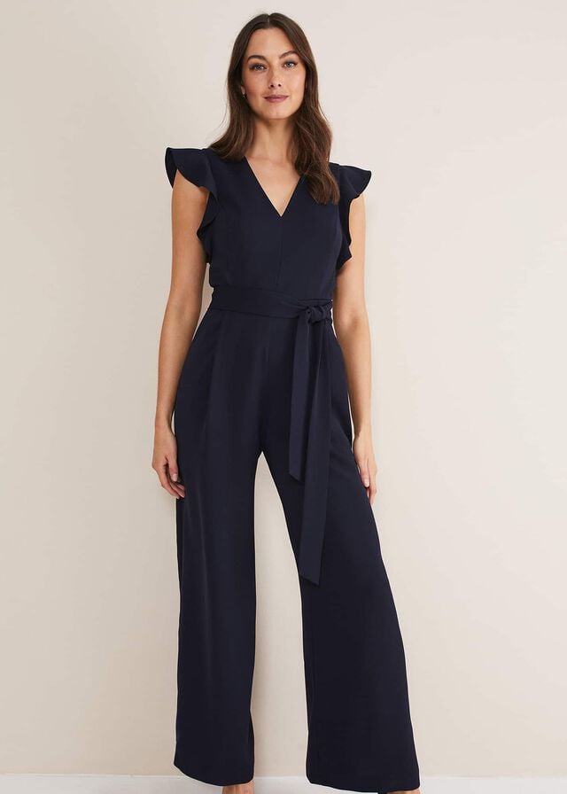 Navy Phase Eight Kallie V Neck Frill Jumpsuit | 8029PHZIG